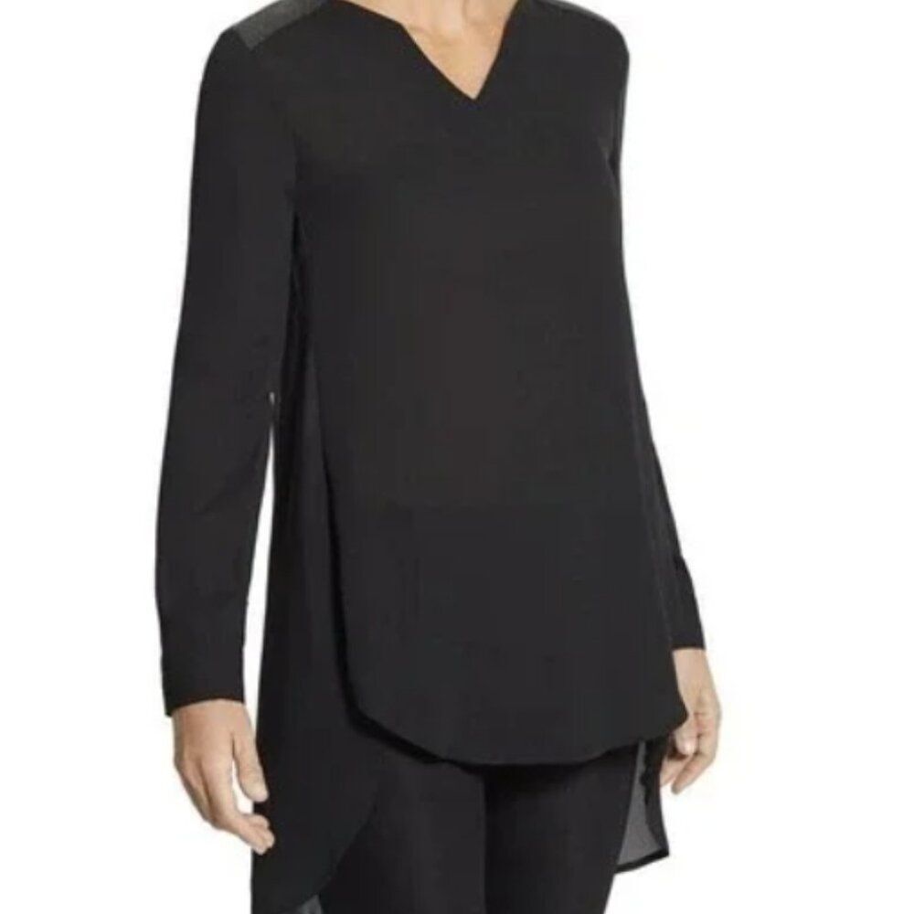 Chicos Black Semi Sheer Blouse Foil Metallic Shoulder Accents Size Small Tunic